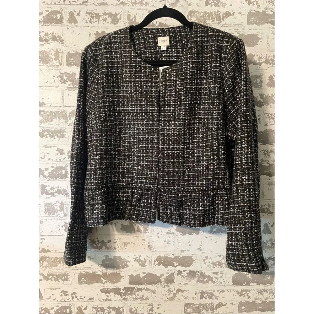 J.Crew Black & White Tweed Peplum Jacket Blazer Size 14 collarless